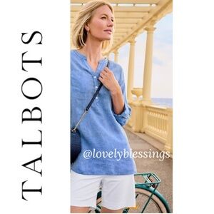 Talbots Chambray Blouse Linen Cotton Button Front Camo Shirt Women’s Size Medium